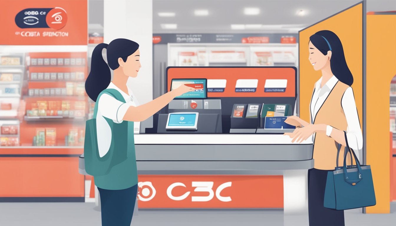 A customer swiping a credit card at an OCBC 360 spend bonus promotion in Singapore. The bank logo and promotional materials are visible