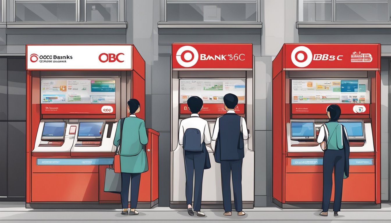 Two banks, OCBC and DBS, stand side by side in Singapore, each offering their 360 and Multiplier accounts. The banks' logos and promotional materials are prominently displayed, drawing the attention of potential customers