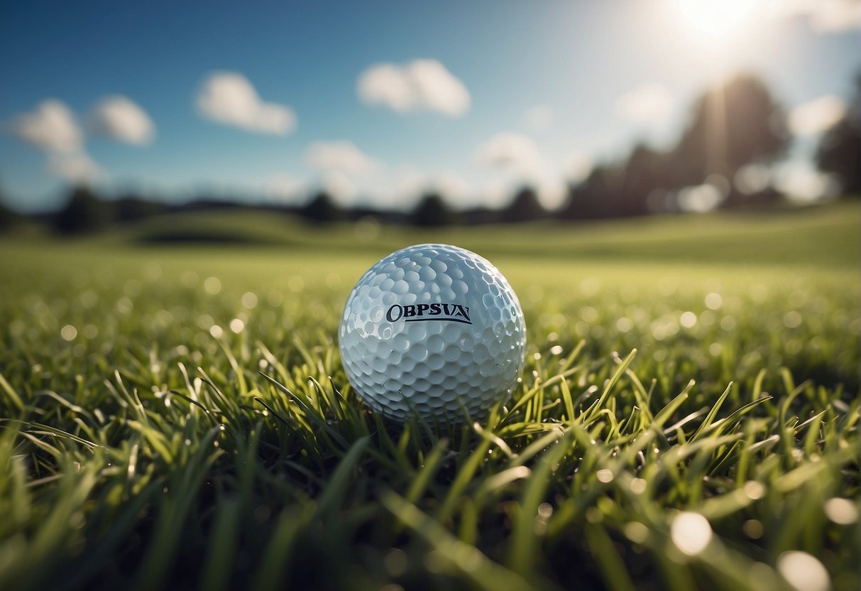 A golf ball sits on a tee, surrounded by grass and a blue sky. The ball is made of white, dimpled material, with a logo and a number printed on it