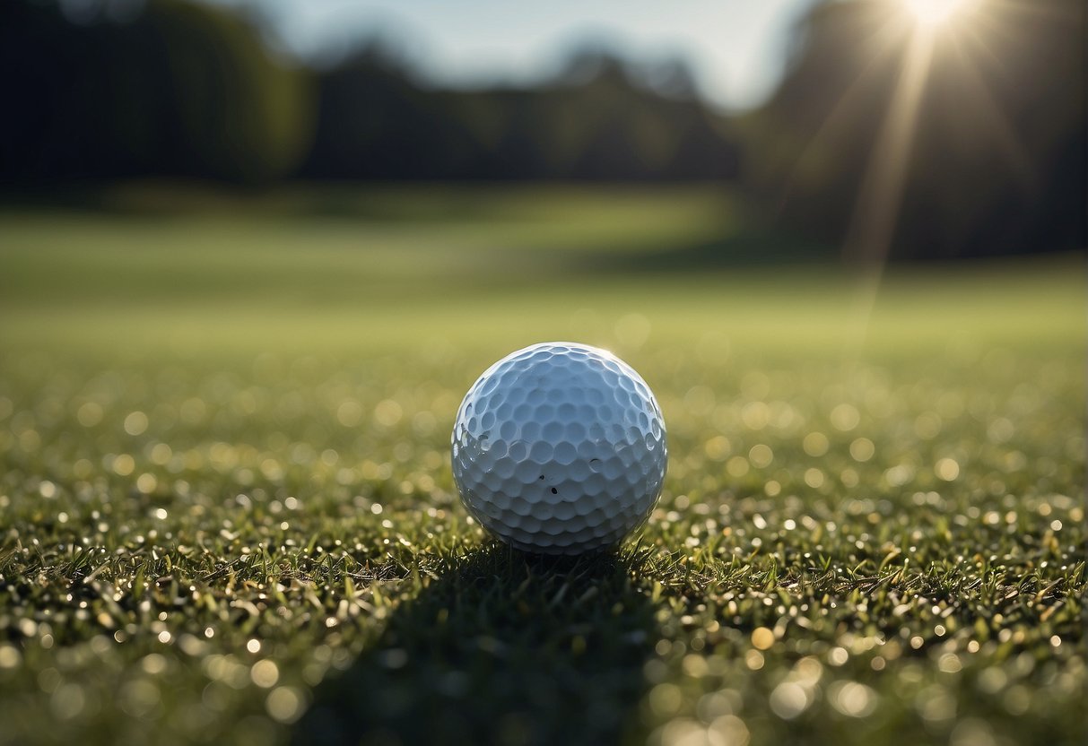A golf ball sits on a tee, surrounded by various factors affecting its performance - wind, temperature, and surface conditions