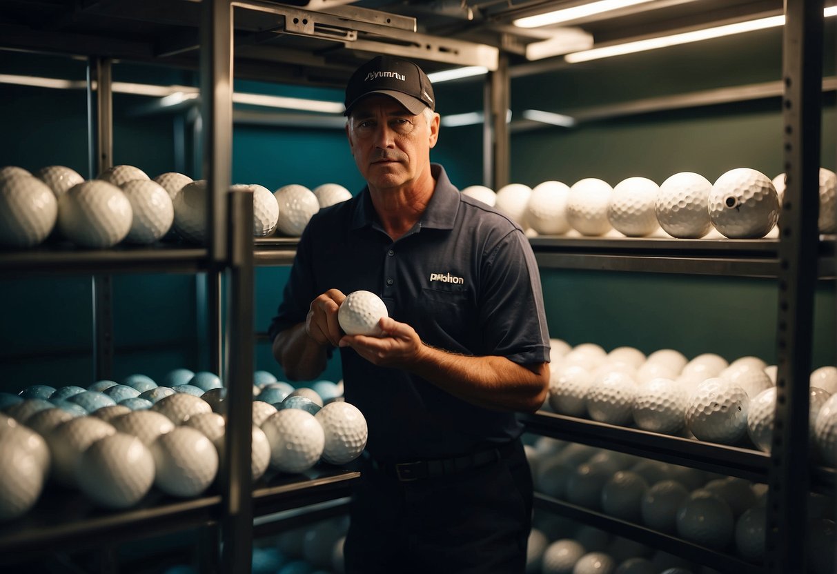 Golf balls sit in a climate-controlled room, neatly organized on shelves. A maintenance worker inspects them for signs of wear or damage