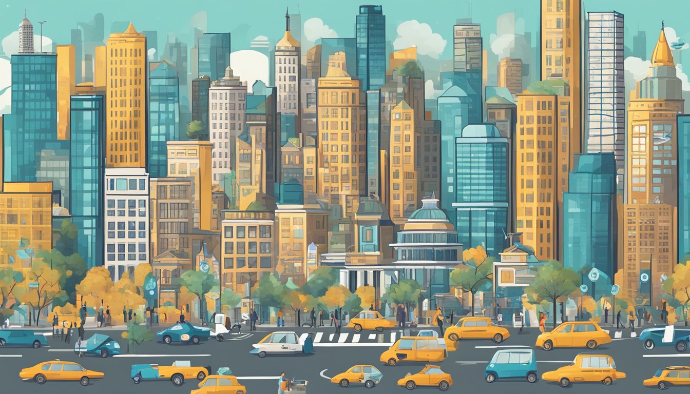 A bustling cityscape with iconic landmarks representing different lifestyles, surrounded by financial symbols like dollar signs and percentage symbols