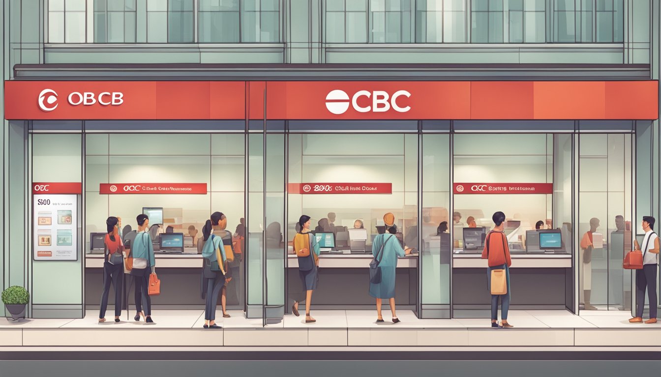 A busy bank branch with two prominent signs for OCBC 360 and DBS Multiplier. Customers line up at teller windows