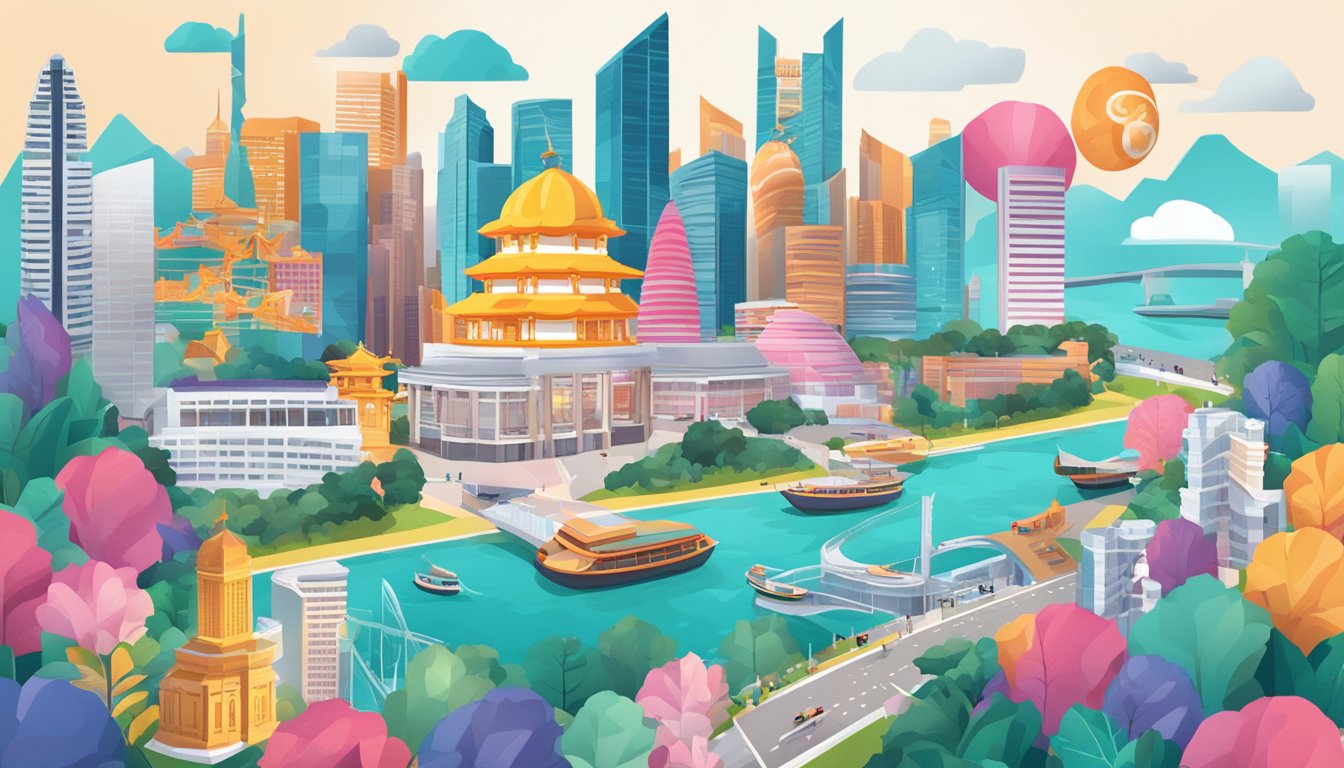 A vibrant cityscape with iconic Singapore landmarks, a sleek OCBC 365 card, and various cashback symbols floating around