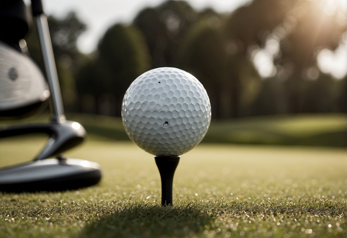 A golf ball sits on the tee, with a 7 wood and a 9 wood club lying next to it. The fairway stretches out in the background, waiting to be conquered by the perfect swing