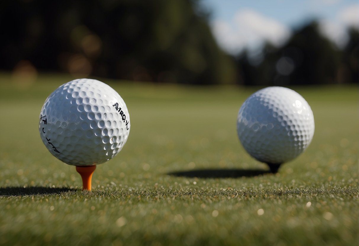 A golf ball being struck by a 7 wood and a 9 wood, with the trajectory and distance clearly depicted