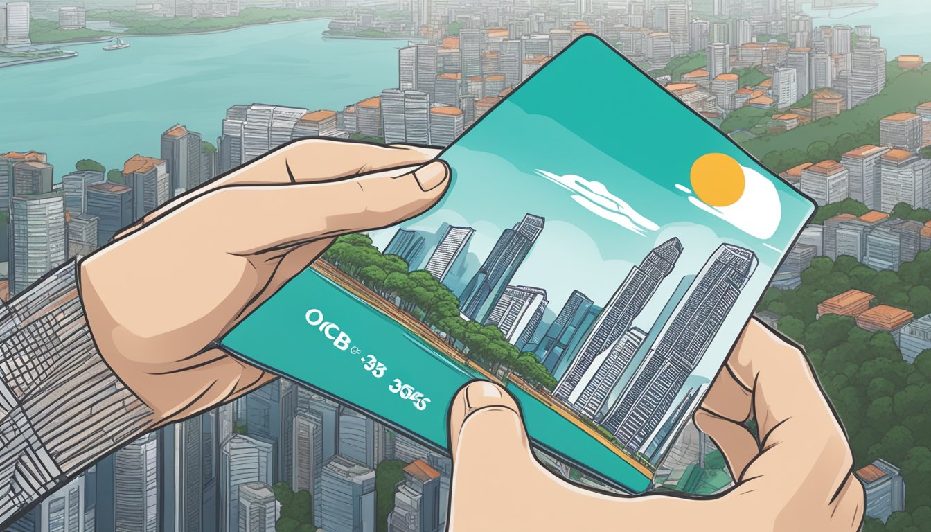 A hand holding an OCBC 365 card, with a laptop showing the card's review and a Singaporean skyline in the background