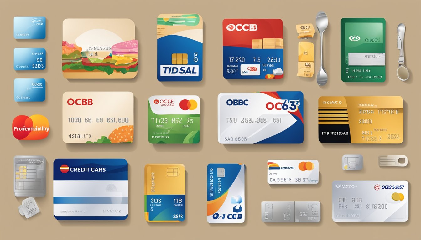 A stack of credit cards with "OCBC 365" prominently displayed, surrounded by a variety of common items such as groceries, dining utensils, and transportation passes