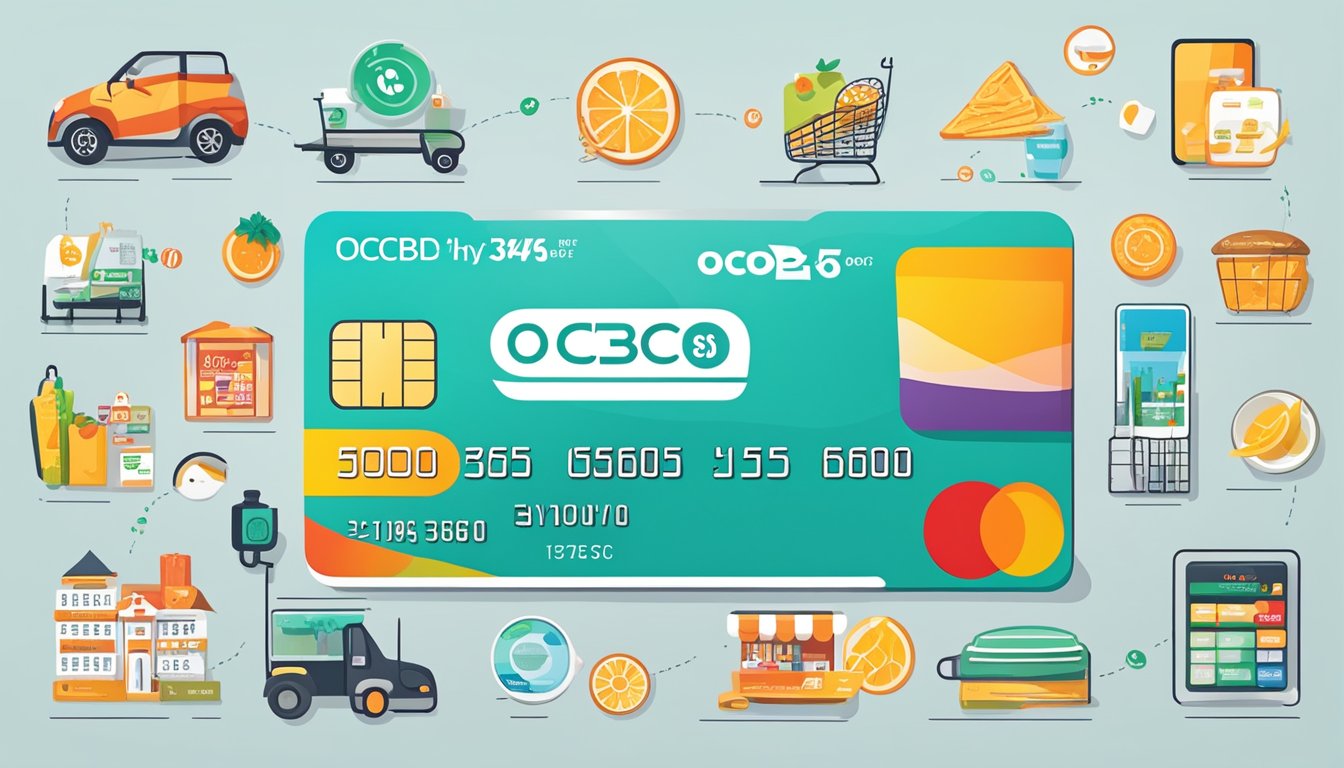 A vibrant credit card with "OCBC 365" prominently displayed, surrounded by icons representing various benefits such as dining, groceries, and utilities