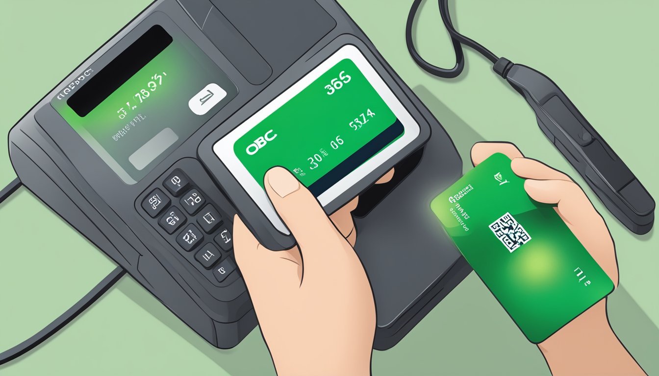 A hand holding an OCBC 365 card, tapping it on a card reader with a green light indicating activation