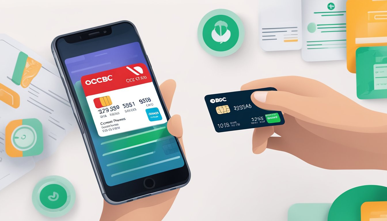 A hand holding an OCBC 365 card, with a smartphone displaying the account management app and a computer screen showing transaction details