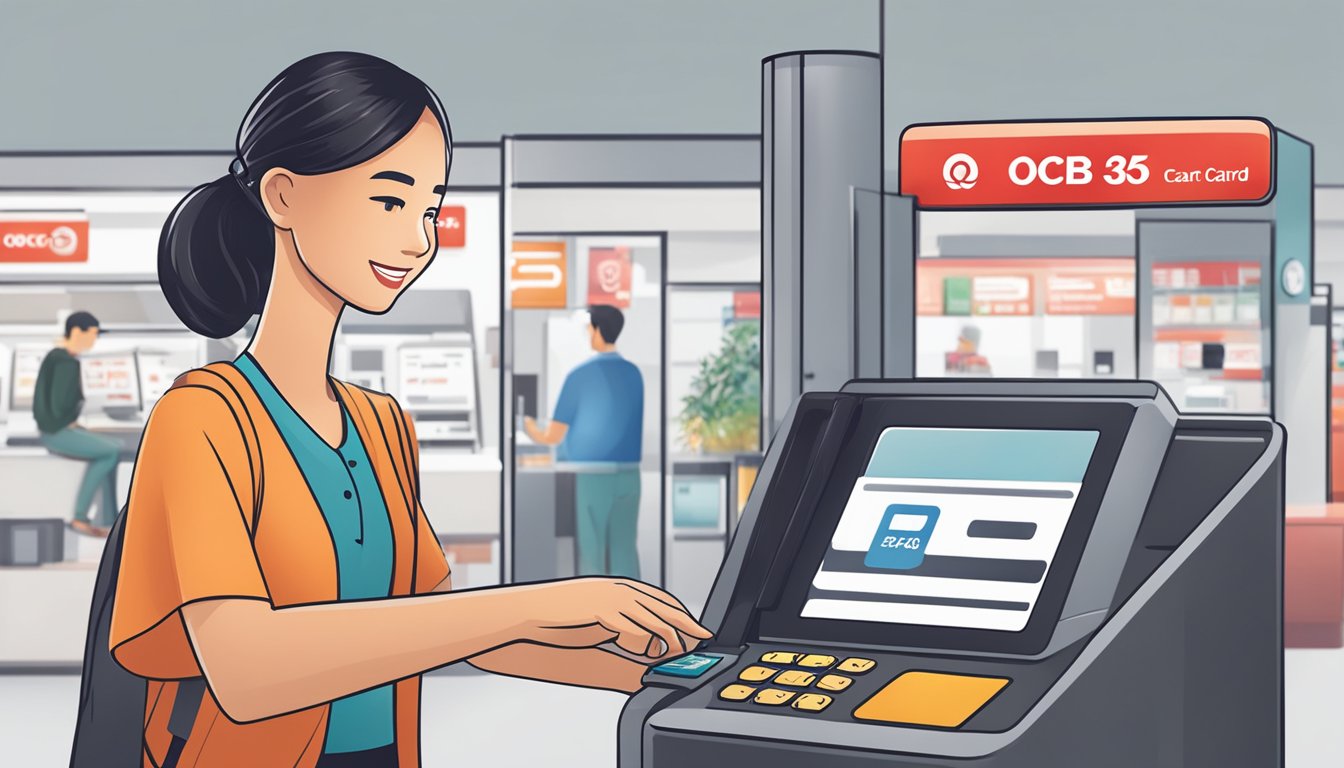 A person swiping an OCBC 365 card at a payment terminal with a "FAQ" sign in the background