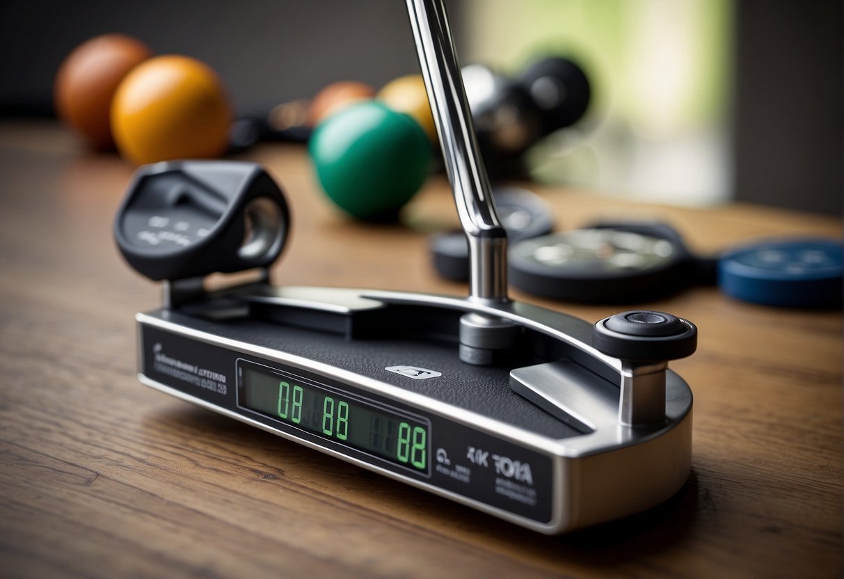 A putter resting on a scale, with a weight measurement displayed, and various weights scattered around for comparison
