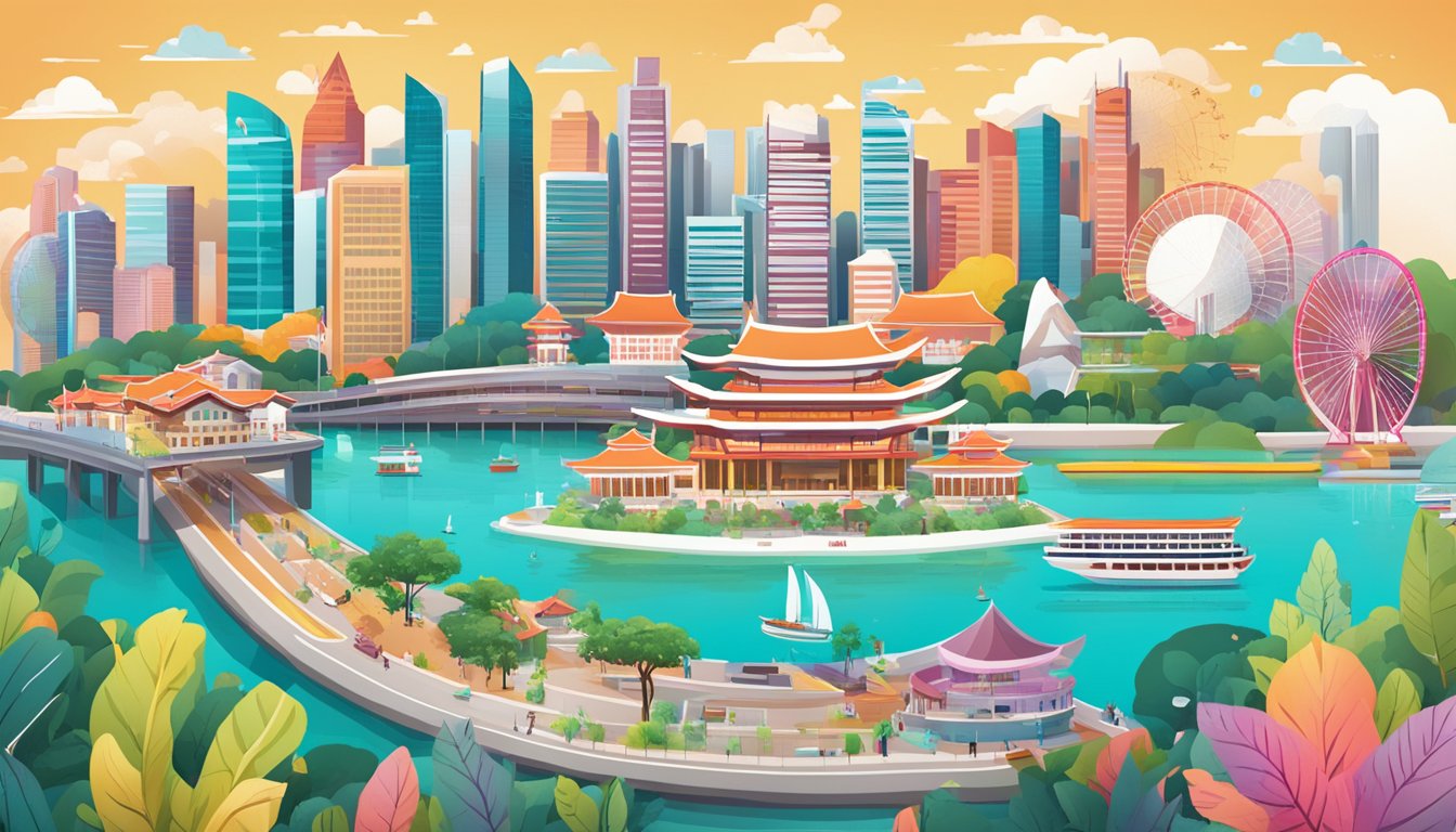 A vibrant cityscape with iconic Singapore landmarks, showcasing various spending categories for OCBC 365 cashback