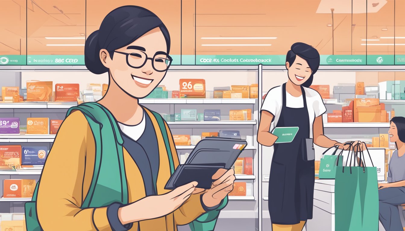 A person holding an OCBC 365 Cashback credit card while smiling and making a purchase at a variety of different merchants in Singapore
