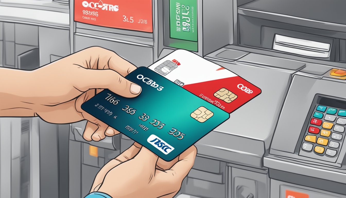 A person swiping an OCBC 365 credit card at a Singaporean merchant