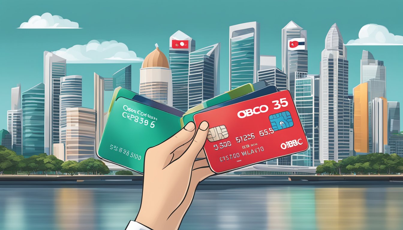 An open wallet displaying the OCBC 365 credit card with the Singapore skyline in the background