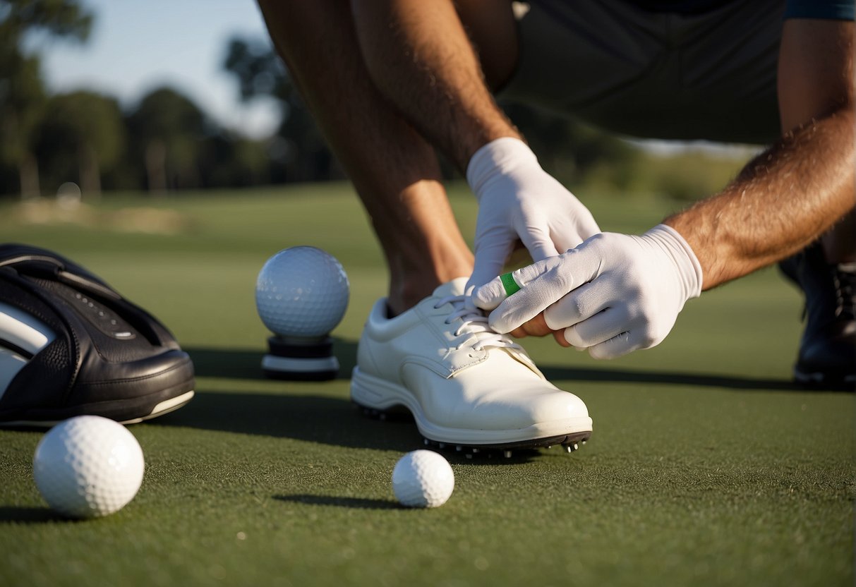 A golfer carefully applies adhesive bandages to their feet before putting on their golf shoes