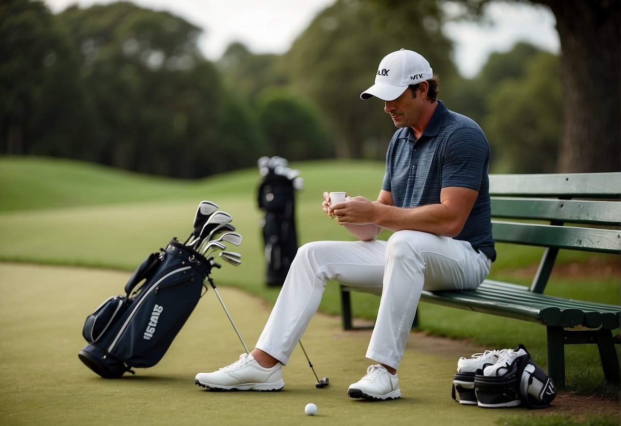 A golfer sits with bandaged feet, applying ointment. Nearby, a golf bag and clubs rest against a bench