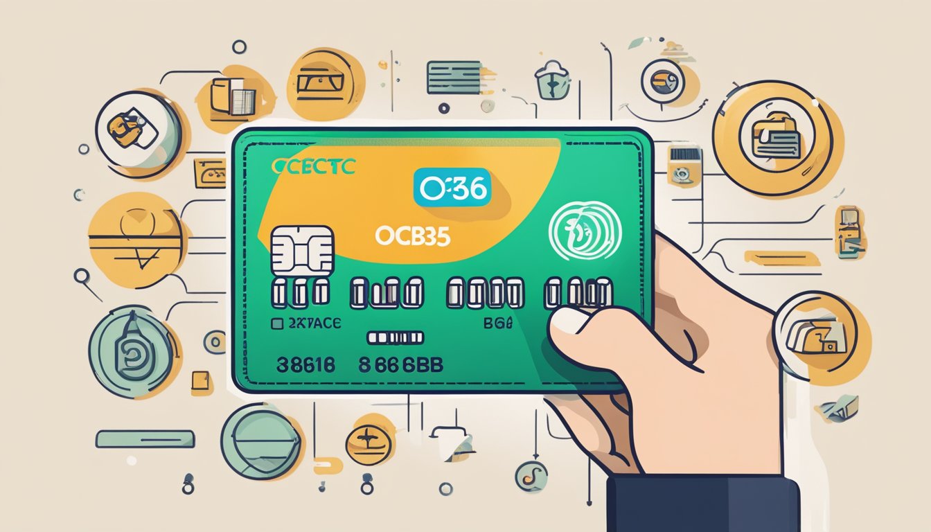 A hand holding an OCBC 365 credit card with various cashback and rewards symbols surrounding it