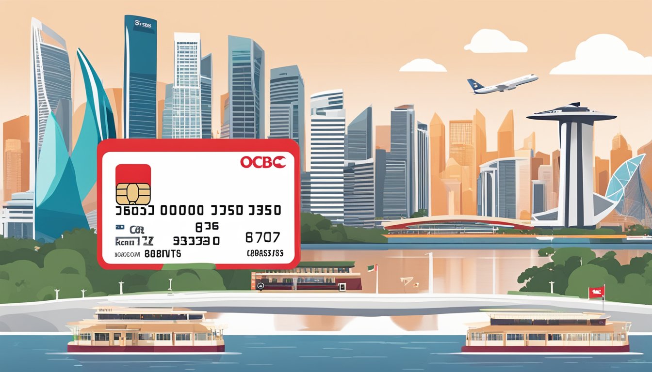 An OCBC 365 credit card sits on a table with a backdrop of iconic Singapore landmarks, showcasing the card's benefits for local spending