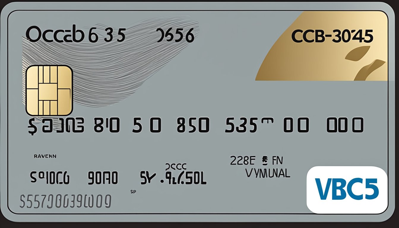 A credit card with "OCBC 365" logo surrounded by dollar signs and percentage symbols, with "annual fee" and "Singapore" text