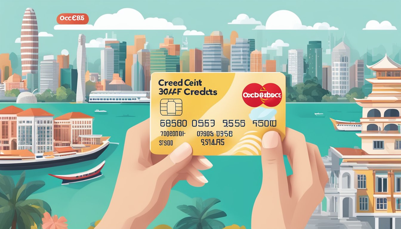 A hand holding an OCBC 365 credit card with cashback rewards displayed, surrounded by Singaporean landmarks and annual fee information