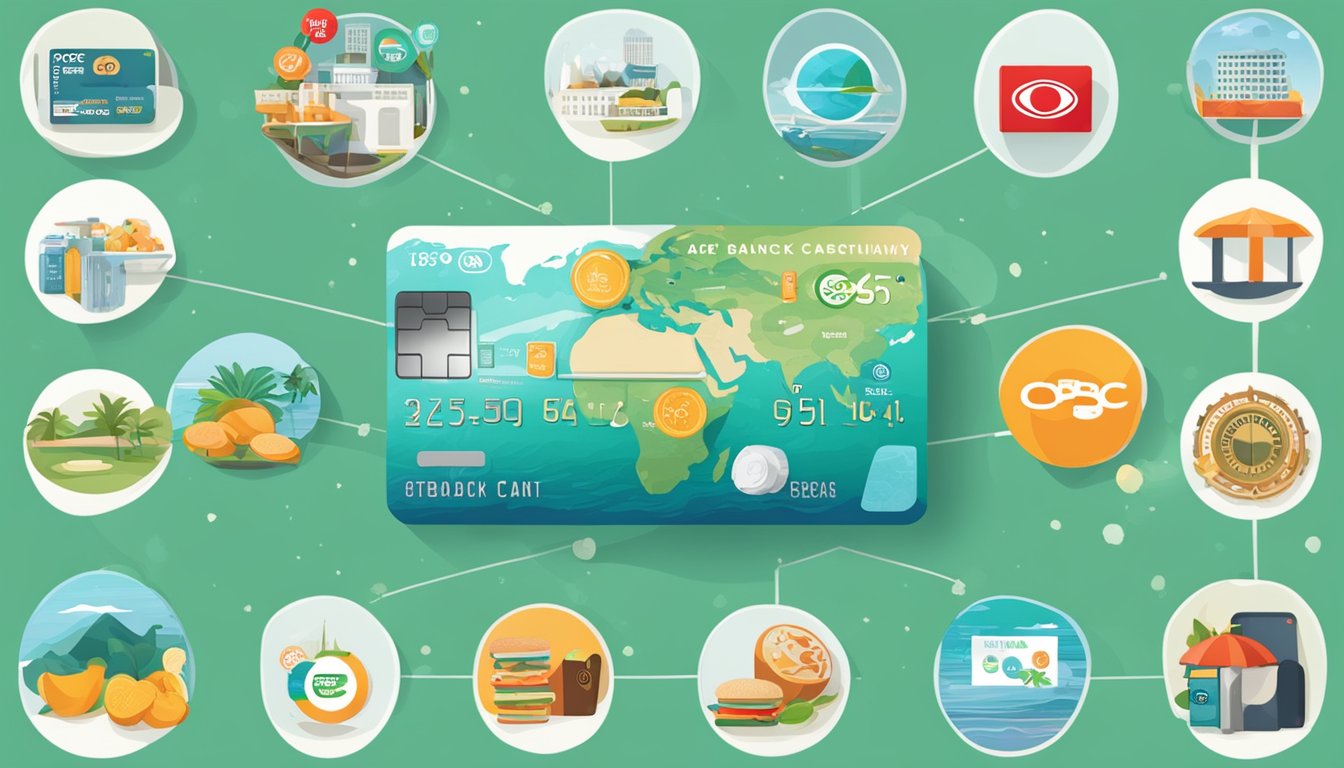 The OCBC 365 credit card logo displayed with various partner logos, surrounded by symbols of perks such as cashback, dining, and travel rewards