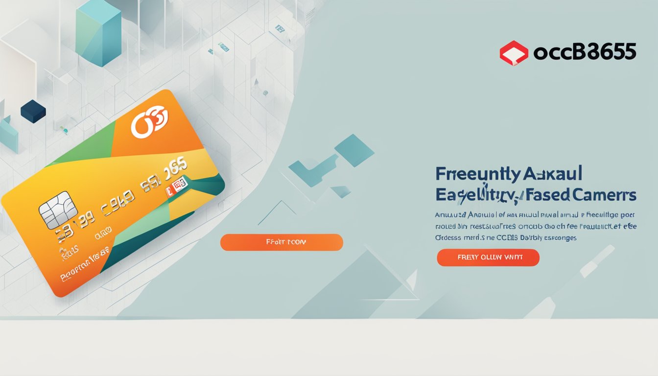 A credit card with "OCBC 365" logo on a clean, modern background. Text reads "Frequently Asked Questions" and "annual fee" in bold font