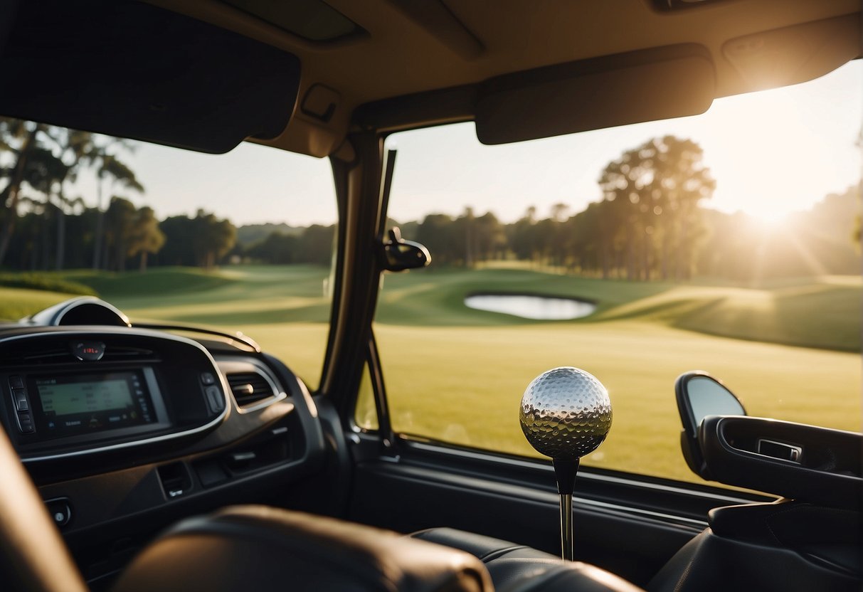 A steel shaft driver sits on a pristine golf course, surrounded by lush greenery and bathed in golden sunlight
