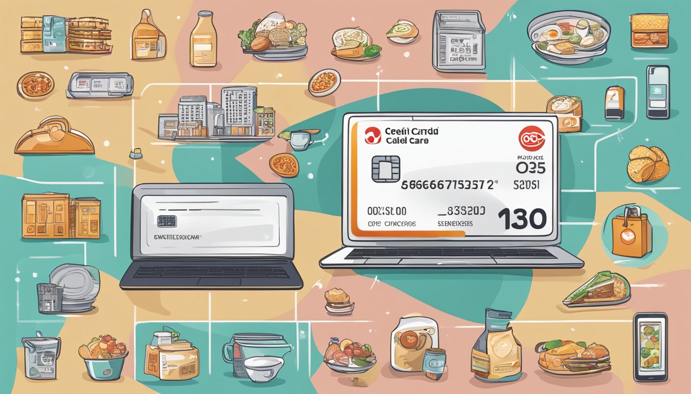 The OCBC 365 credit card is surrounded by icons representing its benefits, such as dining, groceries, and entertainment, with a spotlight shining on the card