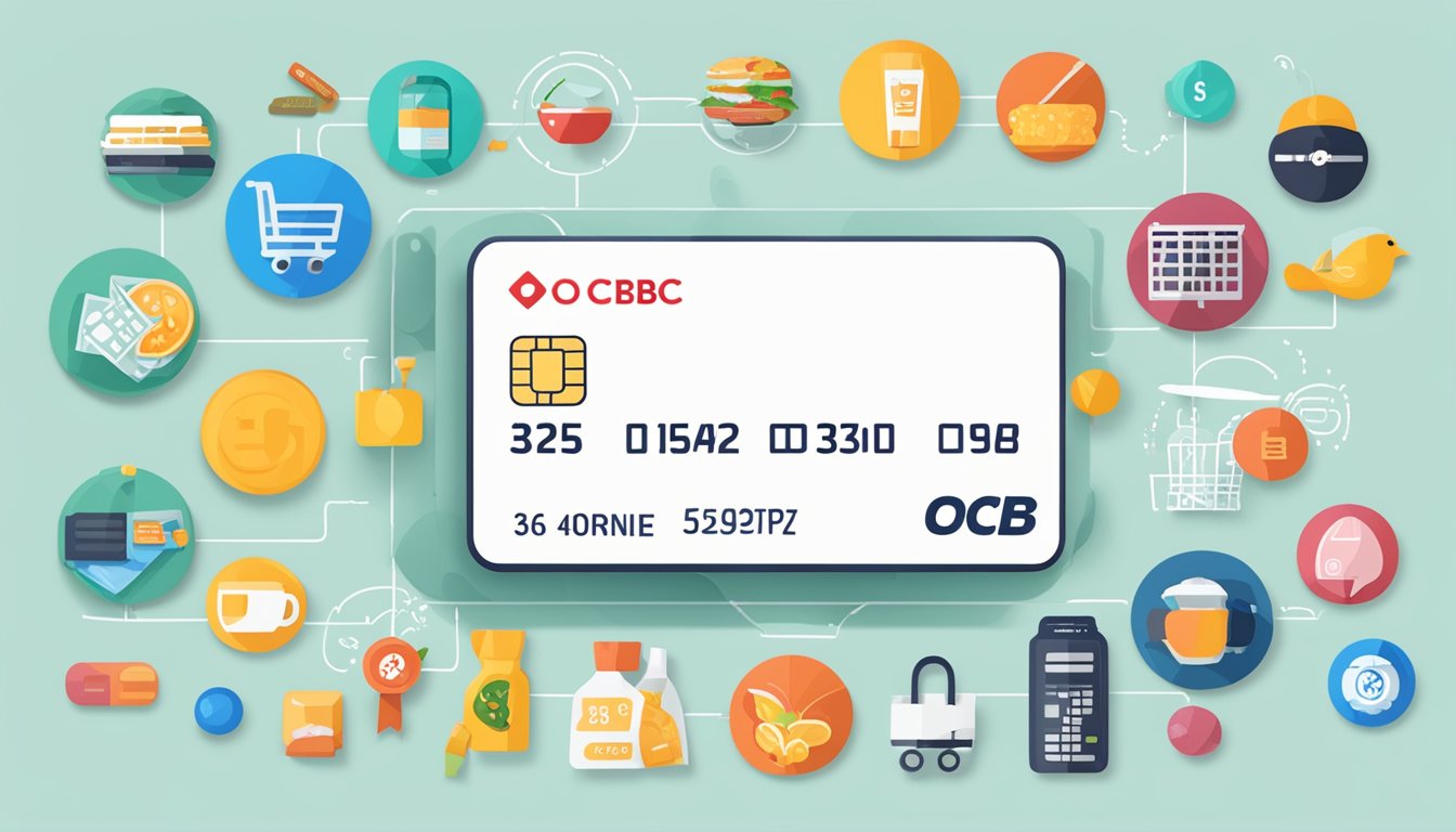 A credit card surrounded by various icons representing benefits such as dining, groceries, and online shopping. The card is prominently displayed with the OCBC 365 logo