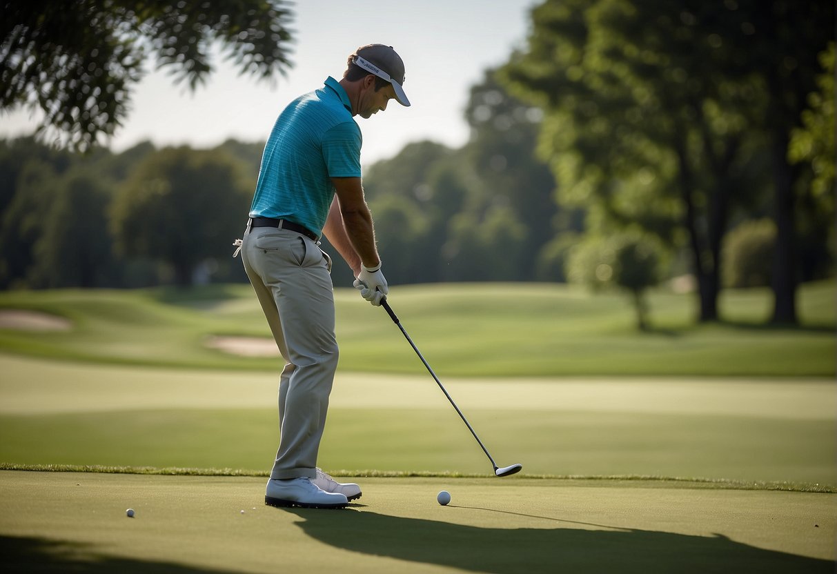 A golfer swings a fairway wood and hybrid club on a lush green fairway, with trees and a blue sky in the background