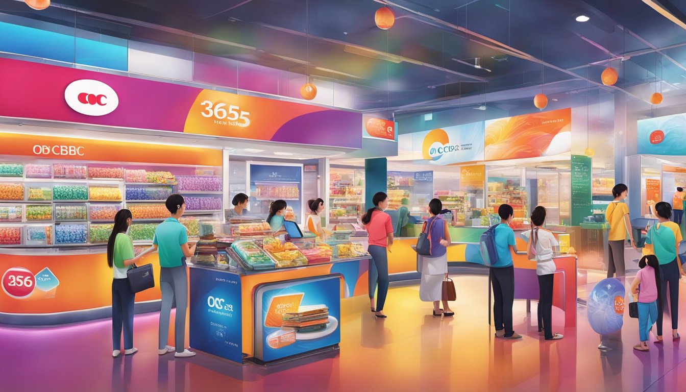 A vibrant display of various perks and promotions, with the OCBC 365 credit card featured prominently. Bright colors and enticing offers draw the viewer's attention