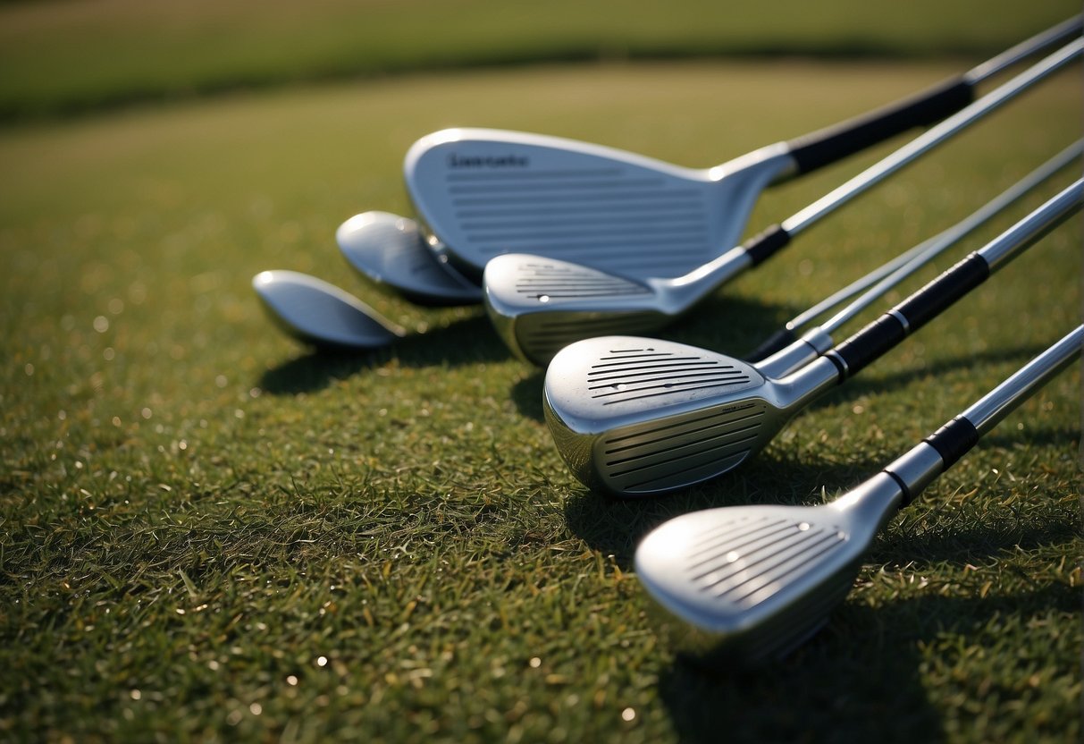 Golf clubs lie on a grassy fairway. A fairway wood and a hybrid club are positioned side by side, ready for use
