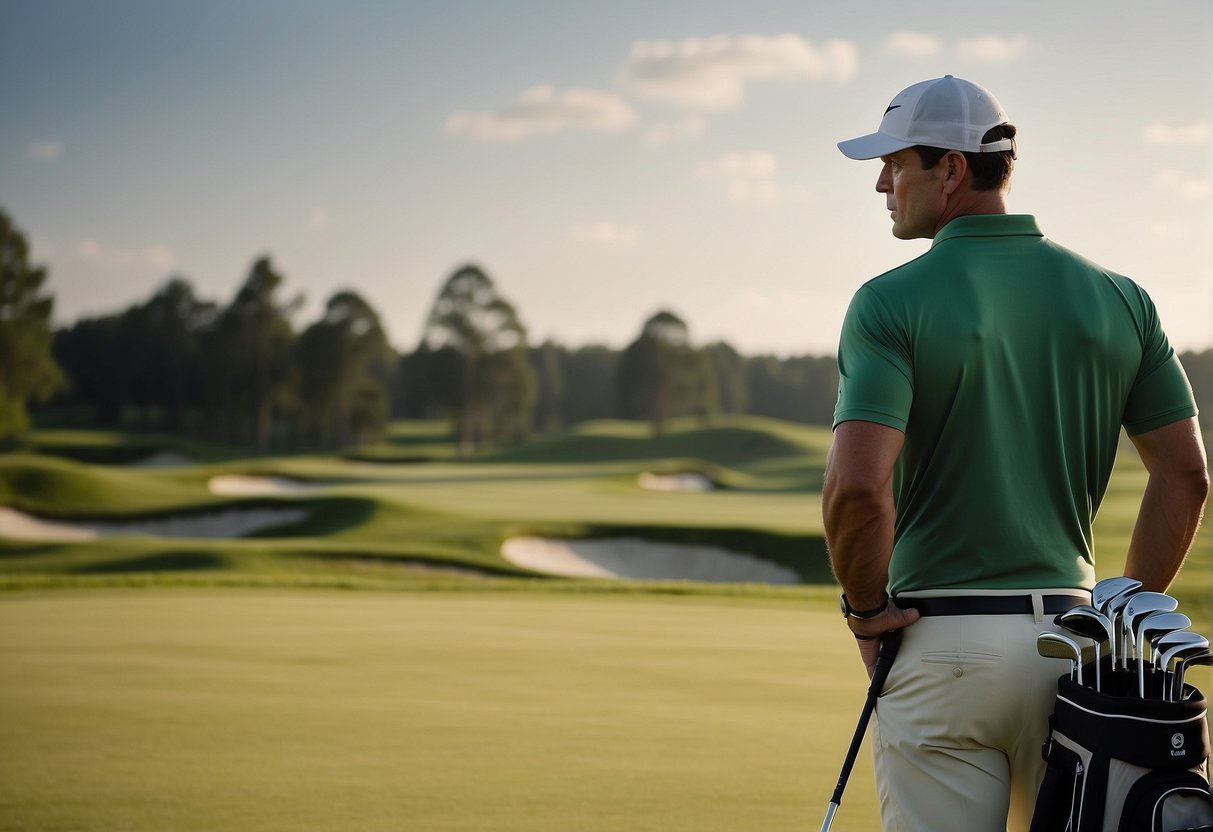 A golfer stands on the tee, contemplating between a fairway wood and a hybrid club. The lush green fairway stretches out before them, with the flag in the distance