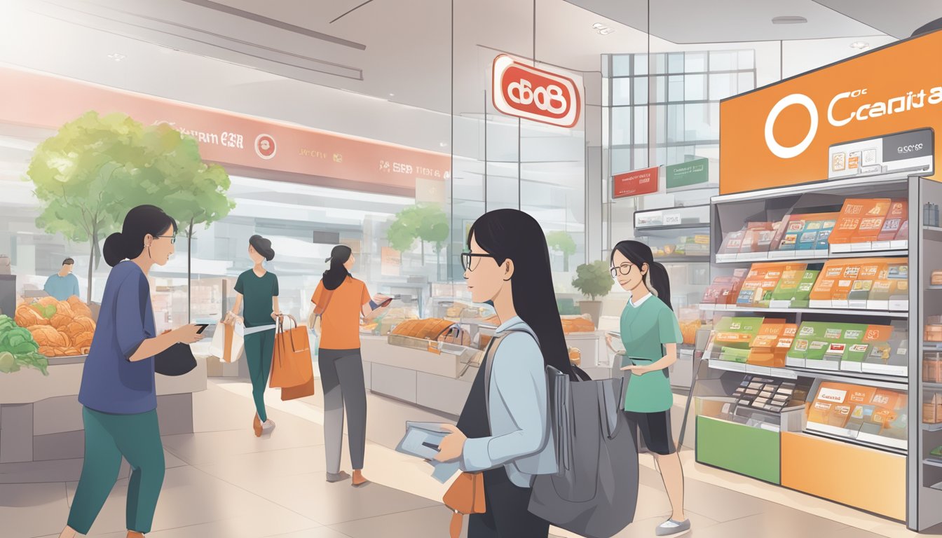 A person using an OCBC 365 credit card to make purchases at various merchants in Singapore, with a list of benefits displayed in the background