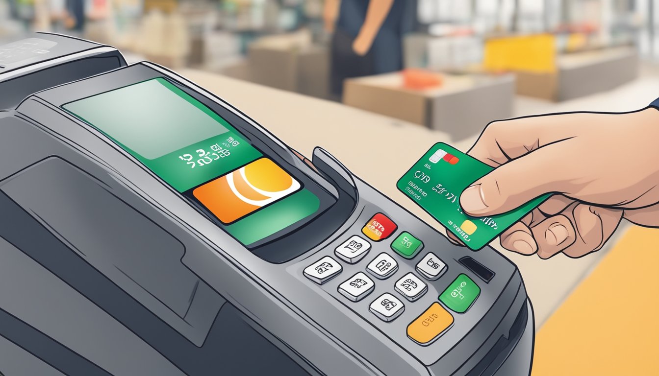A hand swipes an OCBC 365 credit card at a Singaporean cashback terminal