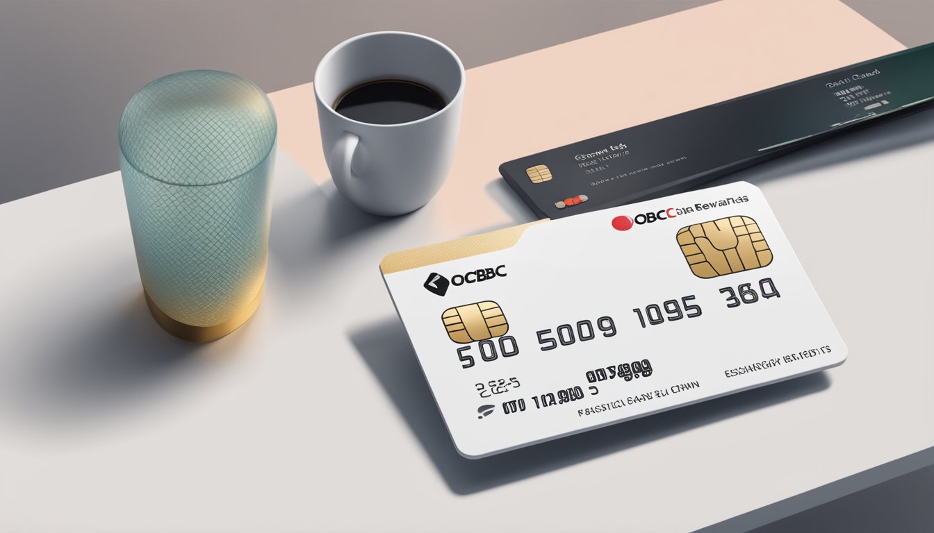 The OCBC 365 credit card sits on a sleek, modern table with a stack of cashback rewards next to it. The card's key features are highlighted in bold lettering, emphasizing its benefits