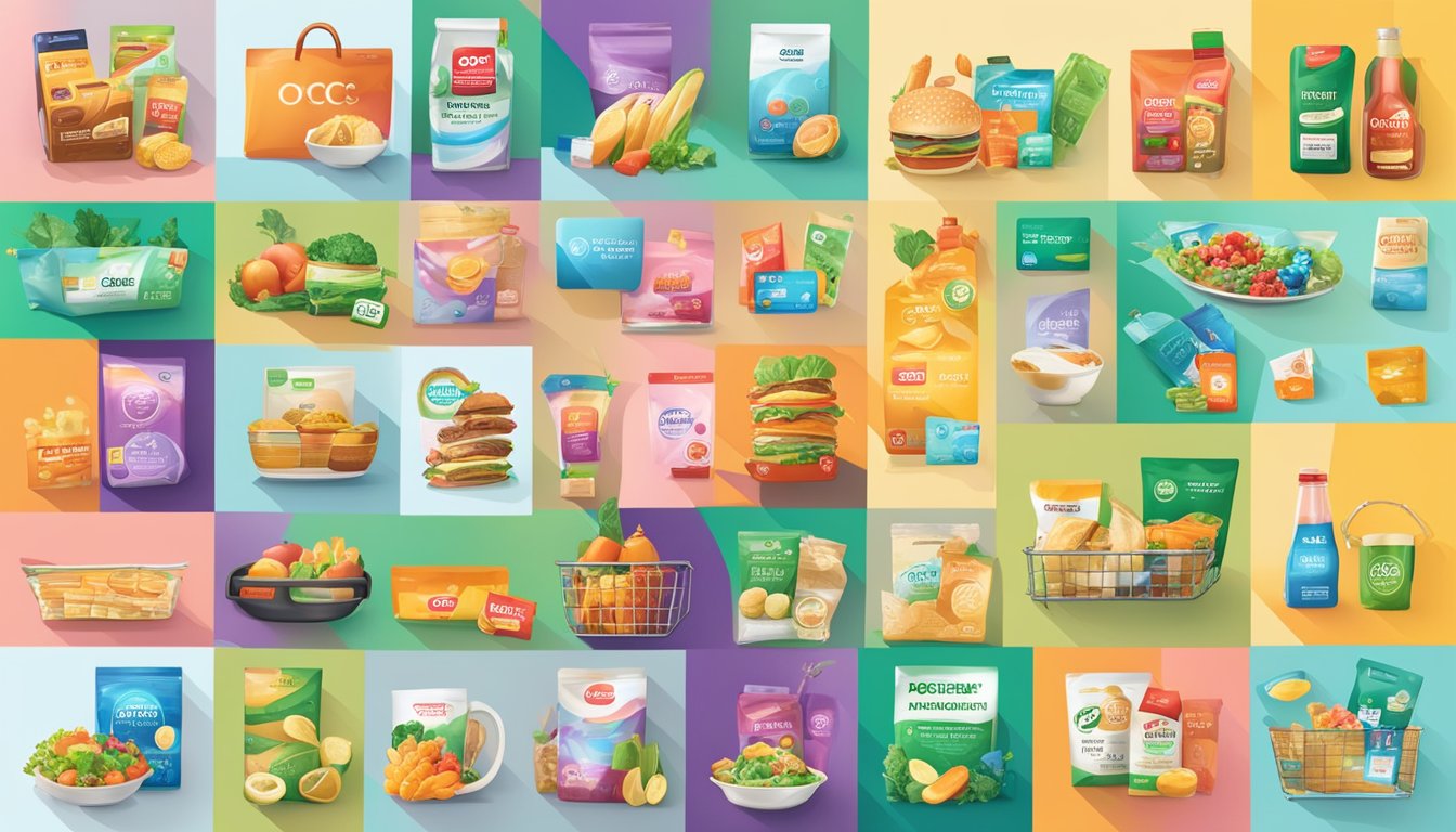 A colorful display of various cashback categories and rewards, including groceries, dining, and utilities, with the OCBC 365 credit card logo prominently featured