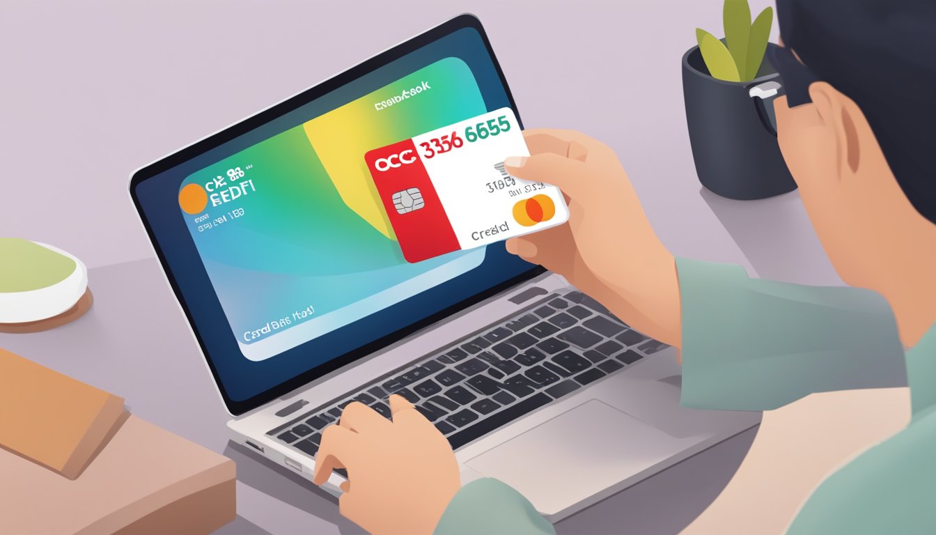 A person holding an OCBC 365 credit card while applying online, with cashback rewards displayed on the screen