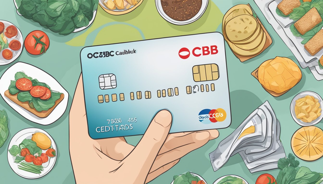 A hand holding an OCBC 365 credit card with cashback rewards displayed, surrounded by various cashback categories like dining, groceries, and transport