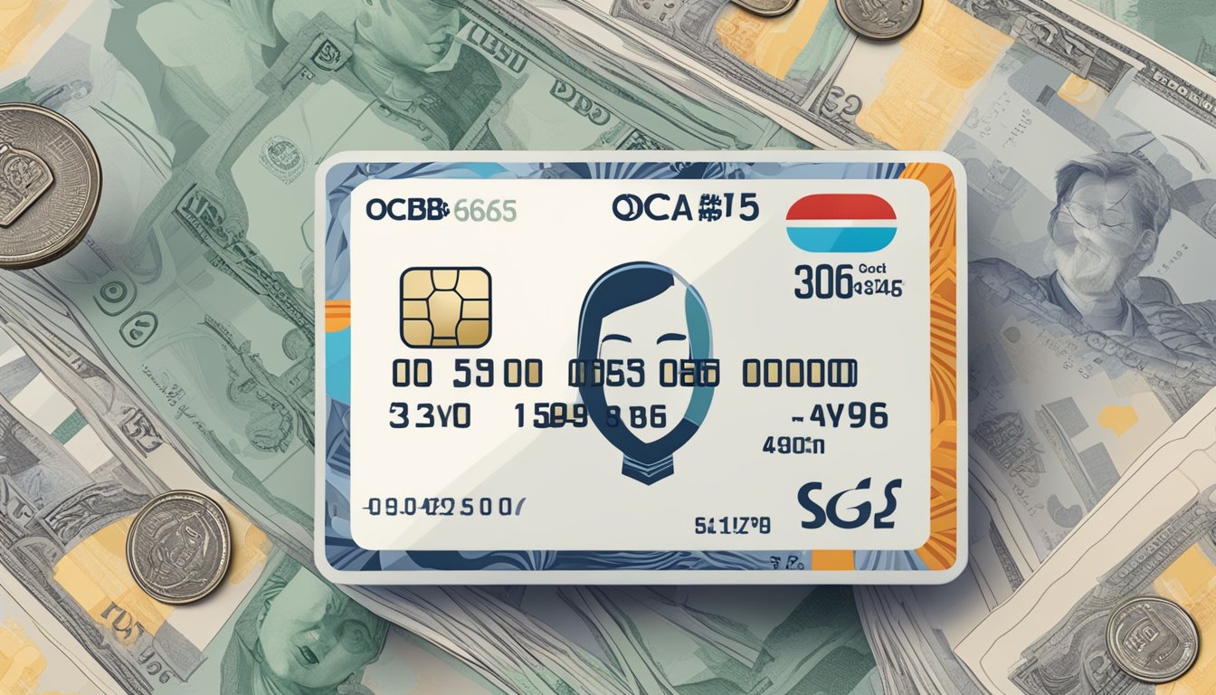 A credit card with "OCBC 365" logo, surrounded by Singaporean currency and interest rate numbers
