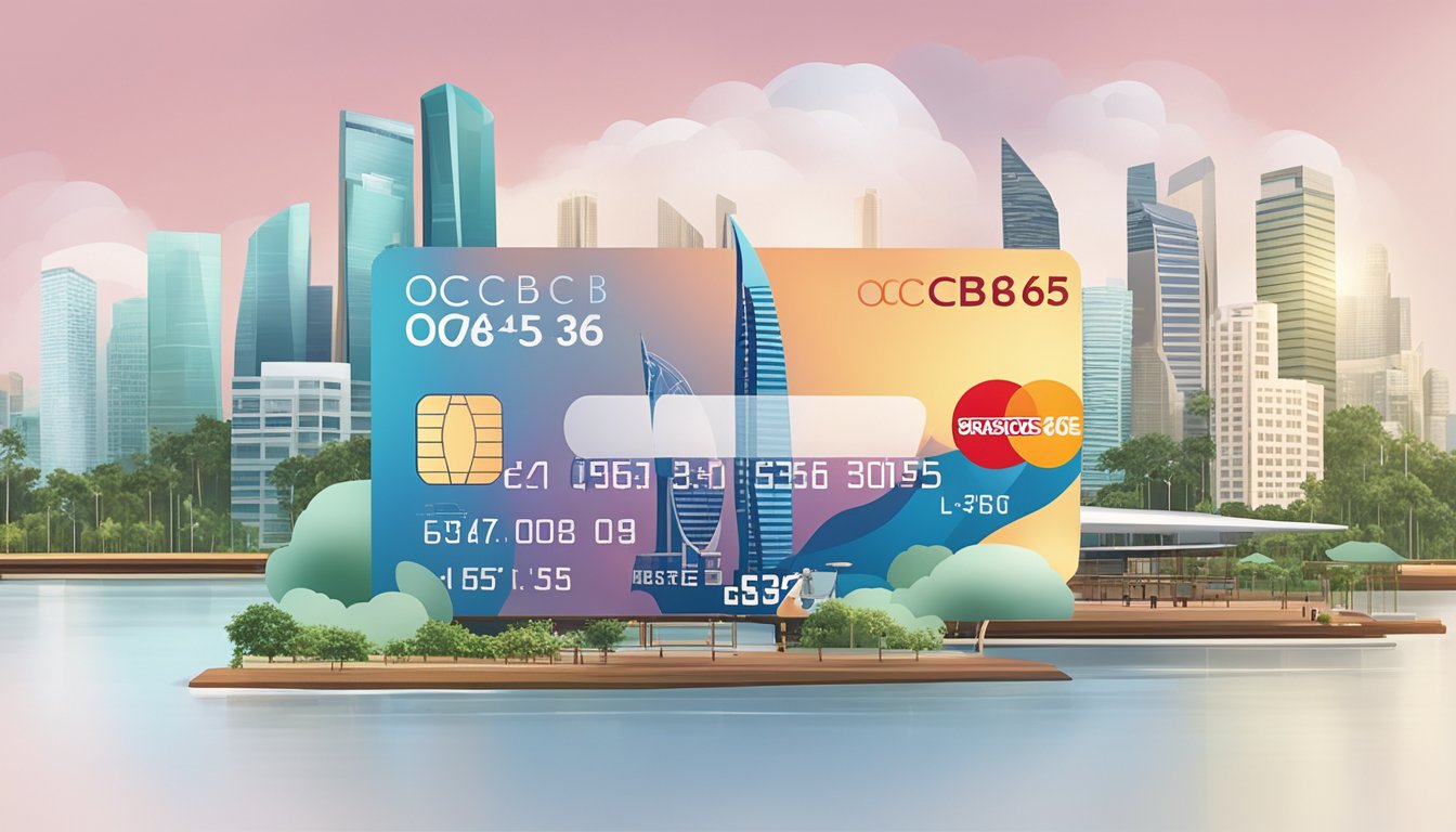The scene depicts a credit card with "OCBC 365" prominently displayed, surrounded by various interest rate figures and the Singapore skyline in the background