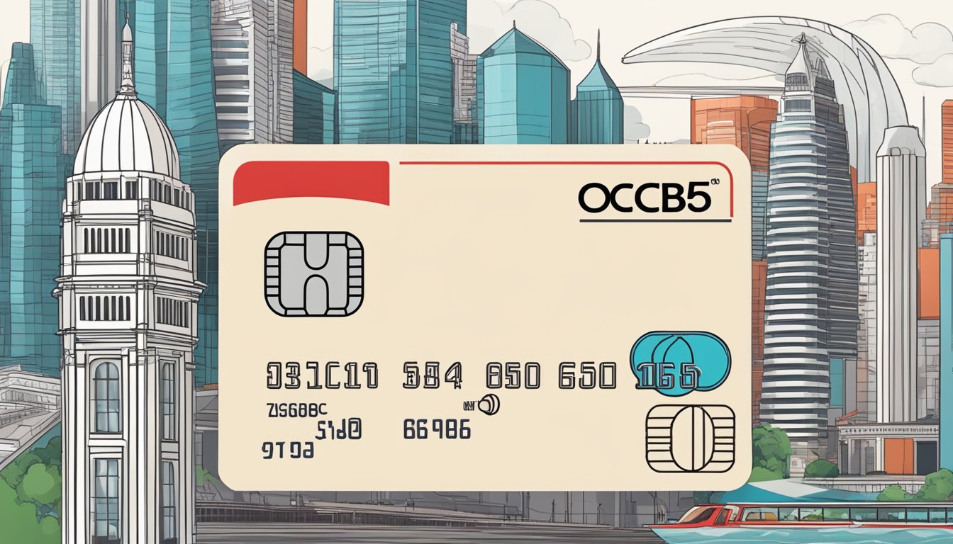 The scene shows a credit card with "OCBC 365" prominently displayed, alongside interest rate information, against a backdrop of iconic Singapore landmarks