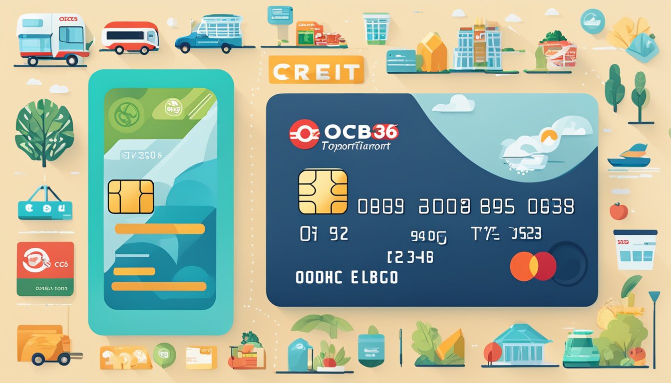 A credit card surrounded by icons of benefits like dining, groceries, transport, and utilities, with a prominent "OCBC 365" logo