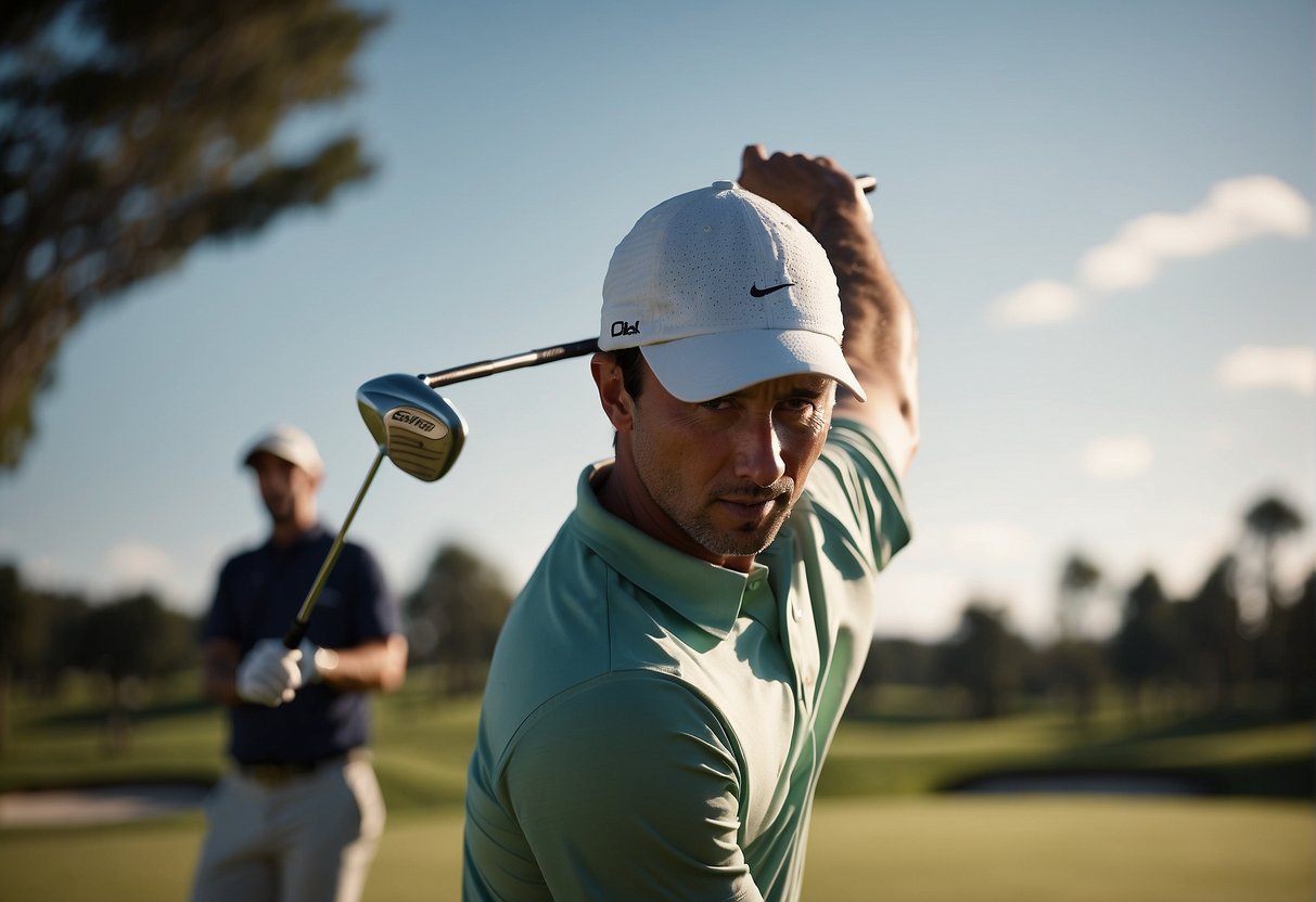A golfer swings a driver, focusing on the shaft's flexibility and power transfer. The club bends and releases as the ball is struck