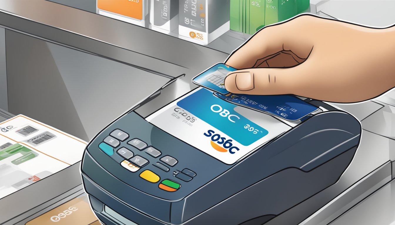 A credit card being swiped at a local Singaporean store, with the OCBC 365 logo prominently displayed