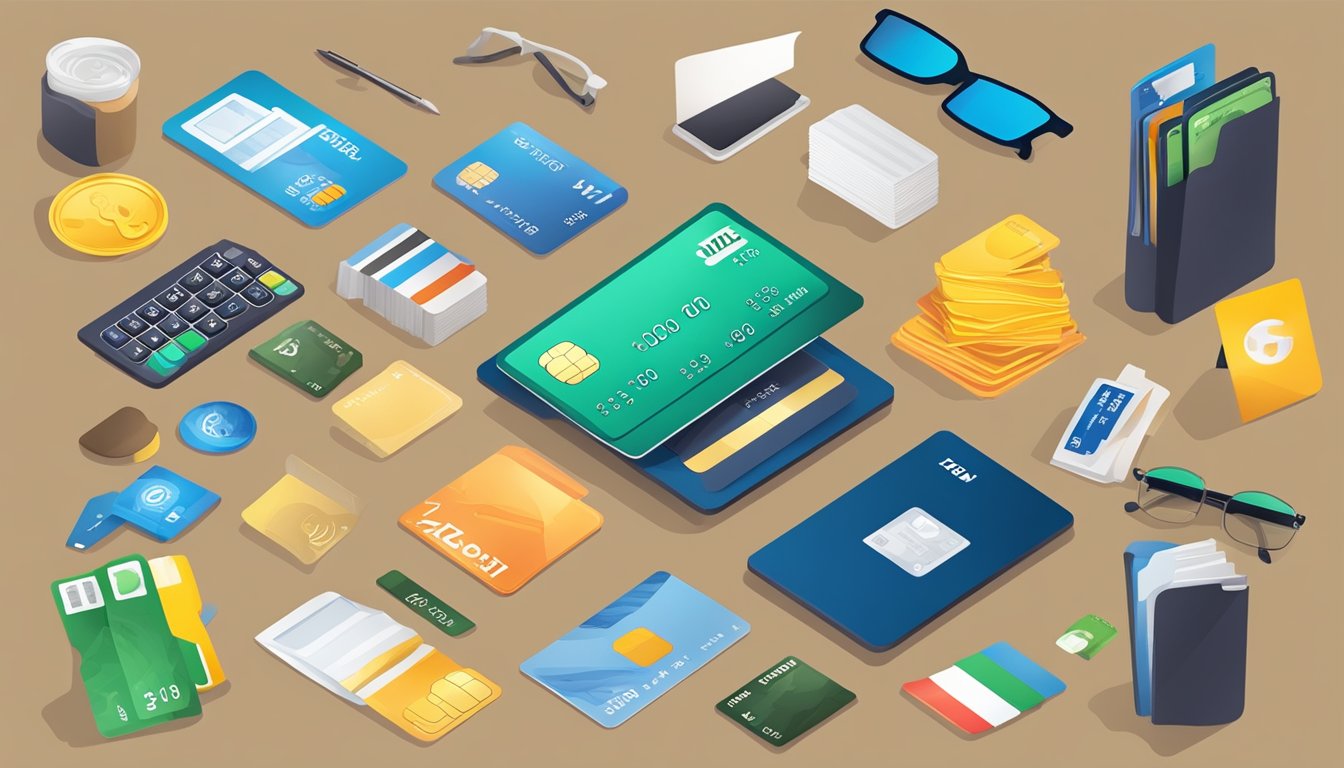 A credit card placed on a table with various items around it, representing different categories for minimum spend requirements