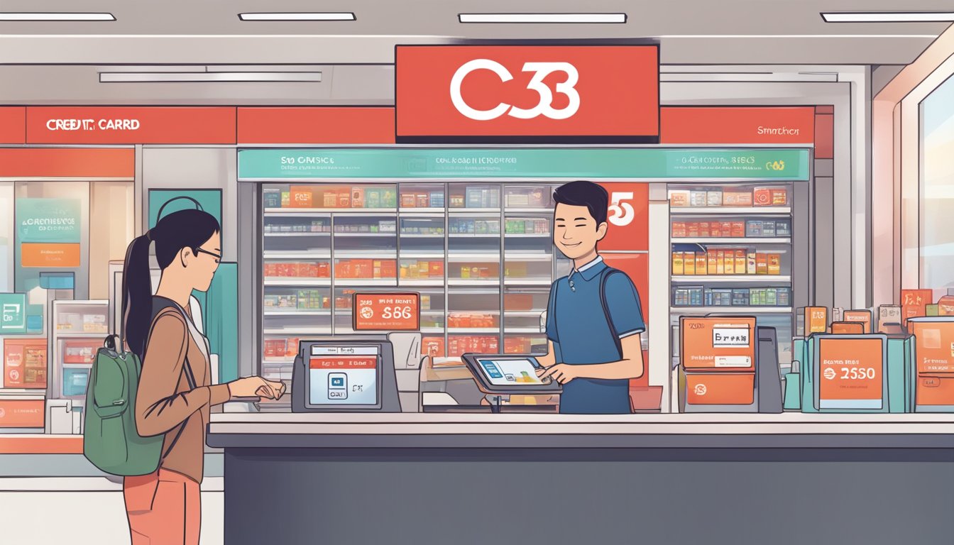 A person swiping an OCBC 365 credit card at a Singaporean store, with a cashback sign displayed prominently